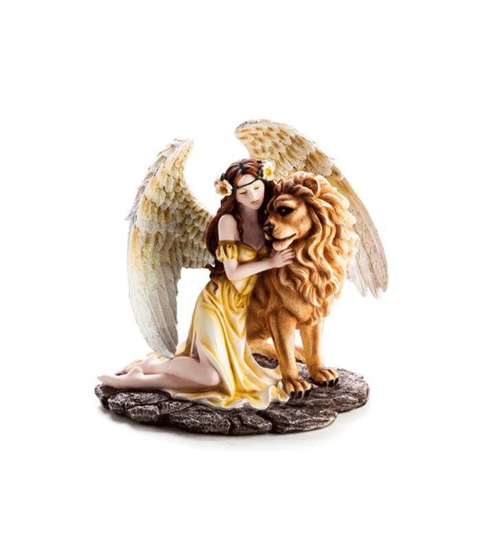 Fantasy Angel Figurine - Large Yellow Angel with Lion