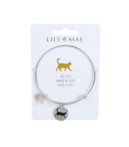 Personalised Bangle with Silver Charm – Cat Motif