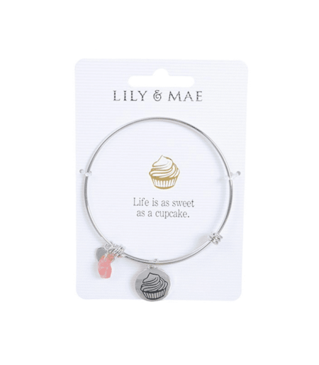 Personalised Bangle with Silver Charm – Cupcake Motif